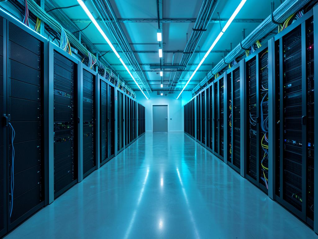 Modern datacenter corridor with server racks and teal ambient lighting