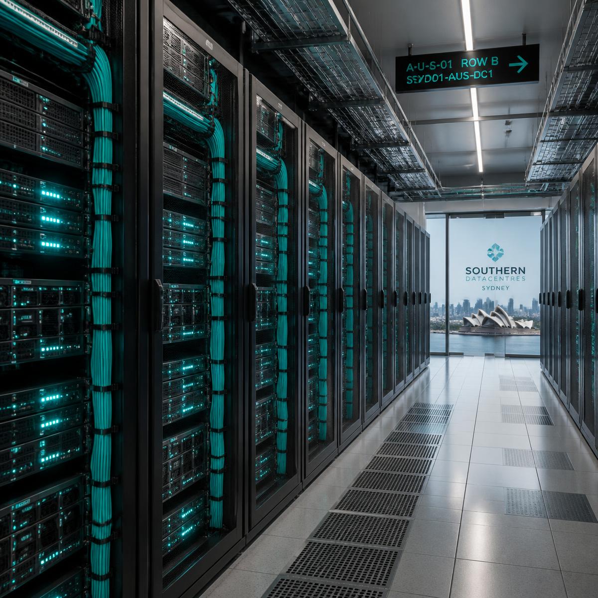 High-end modern server room with clean cabling and teal status lights in an Australian datacenter